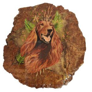 Hand Painted Agate Slab Art Of Irish Setter Dog Portrait 8.5x7" Signed